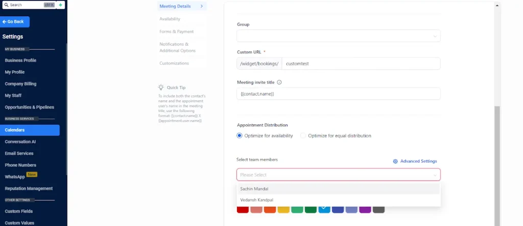 selection of appointment distribution in GoHighLevel calendar settings