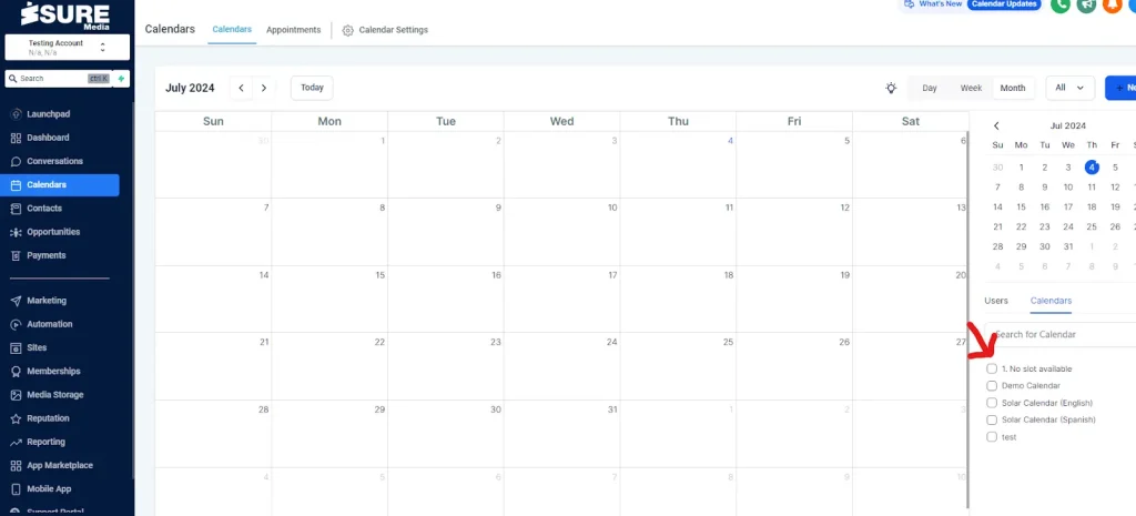 selection of calendar to be used in GoHighLevel