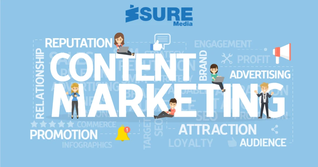 content marketing with icons of people, speakers, and bell