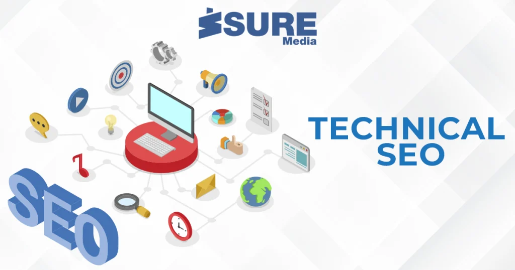 technical SEO with web icons and isuremedia logo