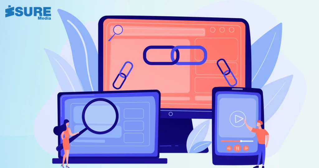 backlinking icon and two people with screens