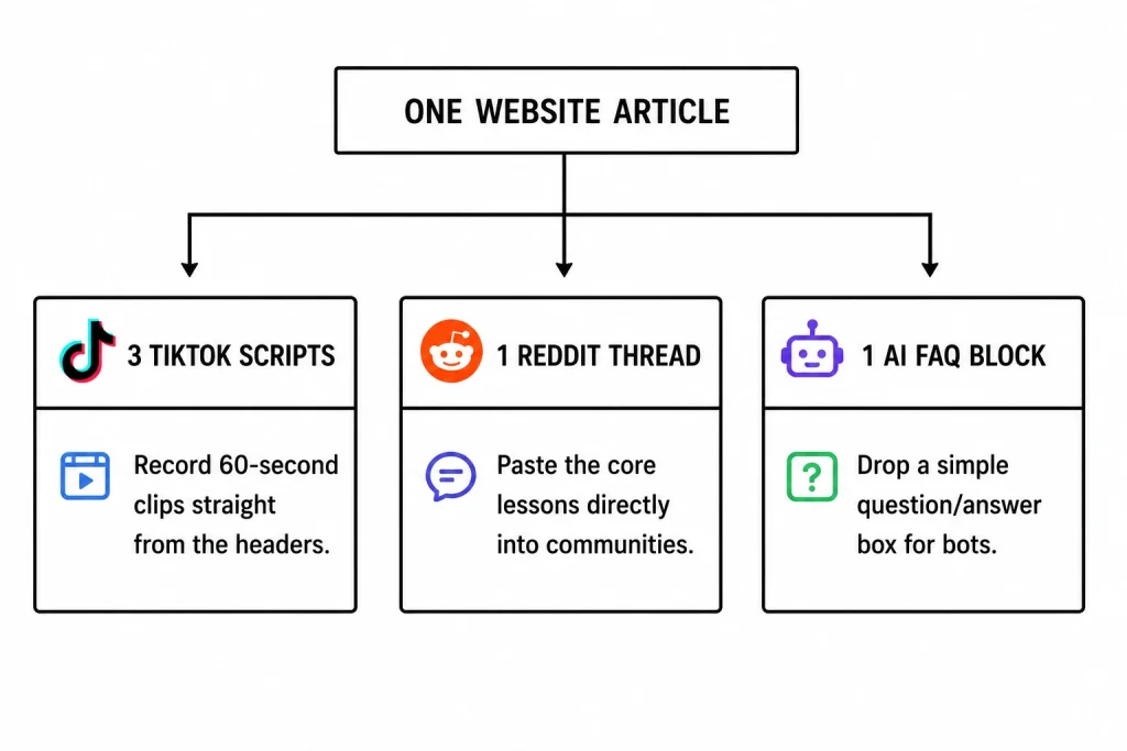Diagram showing the one-to-many content workflow for multi-platform search visibility.